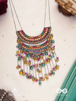 Kvan - The Layered Chimes - Resham, Beads, Coins And Glass Drops Hand Embroidered Oxidised Neckpiece