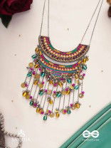 Kvan - The Layered Chimes - Resham, Beads, Coins And Glass Drops Hand Embroidered Oxidised Neckpiece