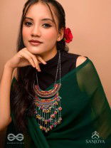 Kvan - The Layered Chimes - Resham, Beads, Coins And Glass Drops Hand Embroidered Oxidised Neckpiece