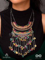 Kvan - The Layered Chimes - Resham, Beads, Coins And Glass Drops Hand Embroidered Oxidised Neckpiece