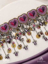 Prageet - Song Of The Hearts - Resham, Dabka, Beads And Coins Hand Embroidered Oxidised Choker Neckpiece