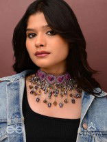 Prageet - Song Of The Hearts - Resham, Dabka, Beads And Coins Hand Embroidered Oxidised Choker Neckpiece