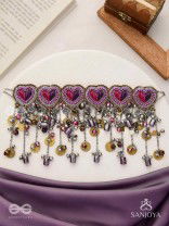 Prageet - Song Of The Hearts - Resham, Dabka, Beads And Coins Hand Embroidered Oxidised Choker Neckpiece