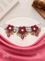 Sumanas - The Burgundy Flowers - Mirror, Resham, Dabka And Glass Drops Hand Embroidered Oxidised Choker Neckpiece