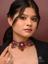 Sumanas - The Burgundy Flowers - Mirror, Resham, Dabka And Glass Drops Hand Embroidered Oxidised Choker Neckpiece