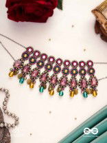 Vashikrit - The Hypnotic Tiers - Mirror, Stones, Coins And Glass Drops Hand Embroidered Oxidised Choker Neckpiece