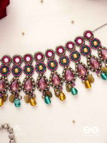 Vashikrit - The Hypnotic Tiers - Mirror, Stones, Coins And Glass Drops Hand Embroidered Oxidised Choker Neckpiece