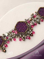 Sukhodaye - The Wine Honeycomb - Beads And Glass Drops Hand Embroidered Oxidised Choker Neckpiece