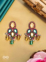 Tripristha - The Holy Trinity - Stones, Mirrors, Coins And Glass Drops Hand Embroidered Earrings