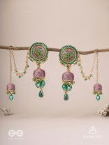 Puravati - The Vineyard Castles - Resham, Beads And Glass Drops Hand Embroidered Jhumka Chain Earrings