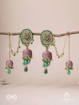 Puravati - The Vineyard Castles - Resham, Beads And Glass Drops Hand Embroidered Jhumka Chain Earrings