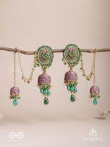 Puravati - The Vineyard Castles - Resham, Beads And Glass Drops Hand Embroidered Jhumka Chain Earrings
