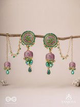 Puravati - The Vineyard Castles - Resham, Beads And Glass Drops Hand Embroidered Jhumka Chain Earrings