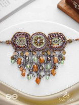Adrikila - The Earth-Bound - Resham, Dabka And Glass Drops Hand Embroidered Oxidised Choker Neckpiece