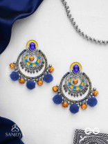 Manishyam - The Sapphire Radiance - Stone, Resham And Beads Hand Embroidered Enamelled Oxidised Earrings