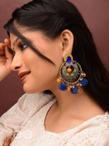 Manishyam - The Sapphire Radiance - Stone, Resham And Beads Hand Embroidered Enamelled Oxidised Earrings