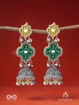 Aranyaj - Song Of The Forest - Beads, Dabka And Coins Hand Embroidered Oxidised Jhumka Earrings