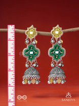 Aranyaj - Song Of The Forest - Beads, Dabka And Coins Hand Embroidered Oxidised Jhumka Earrings