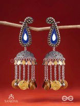 Svarsampad - The Feathery Melody - Beads, Mirror, Resham And Coins Hand Embroidered Oxidised Jhumka Earrings