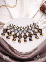 Haridhumra- The Amber Chestnut - Stones, Beads, Coins And Glass Drops Hand Embroidered Oxidised Neckpiece