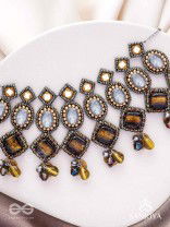 Haridhumra- The Amber Chestnut - Stones, Beads, Coins And Glass Drops Hand Embroidered Oxidised Neckpiece