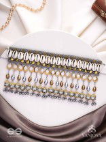 Gaaniya - The Musical Coast - Shells, Coins, Beads And Glass Drops Hand Embroidered Oxidised Choker Neckpiece