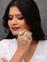 Ambarant - The Horizon Bands - Mirror And Beads Hand Embroidered Enamelled Oxidised Chain Linked Double Rings (Adjustable)