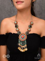 Arthanvit - The Spheres Of Wealth - Beads, Stones And Coins Hand Embroidered Oxidised Neckpiece