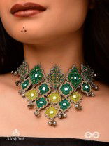 Aardratva - The Lush Cascade - Resham, Mirror And Dabka Hand Embroidered Oxidised Neckpiece