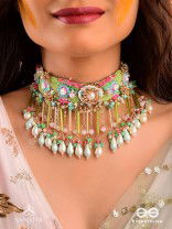 MANJUSUMANA - BEAUTIFUL BLOSSOM - BEADS, SEQUINS AND PEARL DROPS HAND EMBROIDERED CHOKER NECKPIECE