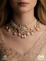 Dyulok - The Heavenly Charm - Beads, Pearl Drops, Polki And Kundan Finished Hand Embroidered Neckpiece