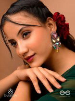 Guhyani - The Mysterious Hues - Stone, Mirrors And Glass Drops Hand Embroidered Earrings