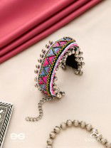 Prashman - The Soothing Landscape - Beads And Resham Hand Embroidered Oxidised Cuff Bracelet