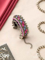 Prashman - The Soothing Landscape - Beads And Resham Hand Embroidered Oxidised Cuff Bracelet