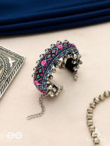 Ragapushpi - The Rosy Night - Resham And Beads Hand Embroidered Oxidised Cuff Bracelet