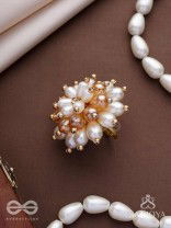 Svapnakalka - The Ivory Dream - Beads, Pearl And Glass Drops Hand Embroidered Ring (Adjustable)