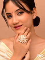 Svapnakalka - The Ivory Dream - Beads, Pearl And Glass Drops Hand Embroidered Ring (Adjustable)