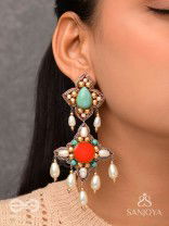 Kusumvat - The Blissful Flowers - Beads, Dabka And Pearl Drops Hand Embroidered Earrings