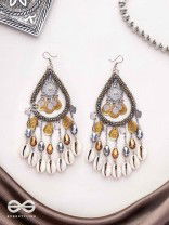 The Singing Shore - Shells, Beads And Glass Drops Hand Embroidered Oxidised Earrings