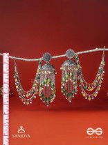 Girayah - Souvenirs Of The Nature - Beads And Glass Drops Hand Embroidered Oxidised Chain Earrings