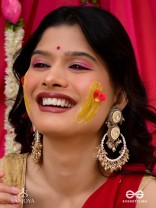 Suvarnkantika – Golden radiance – Gold toned, Kundan embellished earrings with pearl and bead danglers