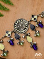 The Blue Stone - Embellished silver oxidized geometrical motif necklace