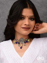 The Blue Stone - Embellished silver oxidized geometrical motif necklace