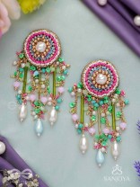 MANJUSUMANA - BEAUTIFUL BLOSSOM - HAND EMBROIDERED COLOURFUL EARRINGS WITH CIRCULAR MOTIF EMBELLISHED WITH BEADS AND DECORATIVE FRINGES