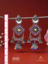 CHANDRAKANTA-MOONSTONE EARRINGS-STATEMENT OXIDISED JHUMKAS WITH MIRROR, BEADS AND THREAD WORK