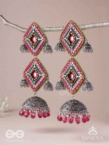 VISHRUTA-CELEBRATED ELEGANCE-STATEMENT OXIDISED JHUMKAS WITH MIRROR, BEADS AND THREAD WORK