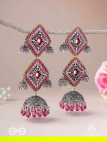 VISHRUTA-CELEBRATED ELEGANCE-STATEMENT OXIDISED JHUMKAS WITH MIRROR, BEADS AND THREAD WORK