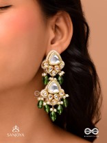Kundalāṅgī-Kundan Elegance- Traditional pearl and Kundan earrings adorned with beads, stones, and green danglers for a regal touch.