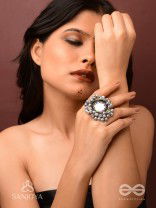 CHANDRA-KANTA-MOONLIT RADIANCE-EMBROIDERED OXIDISED RING WITH BEADS AND GHUNGROO