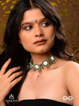 Chāyāmālā-Reflective choker- oxidized choker featuring intricate beadwork, mirrors, ghungroo (small bells), and thread details